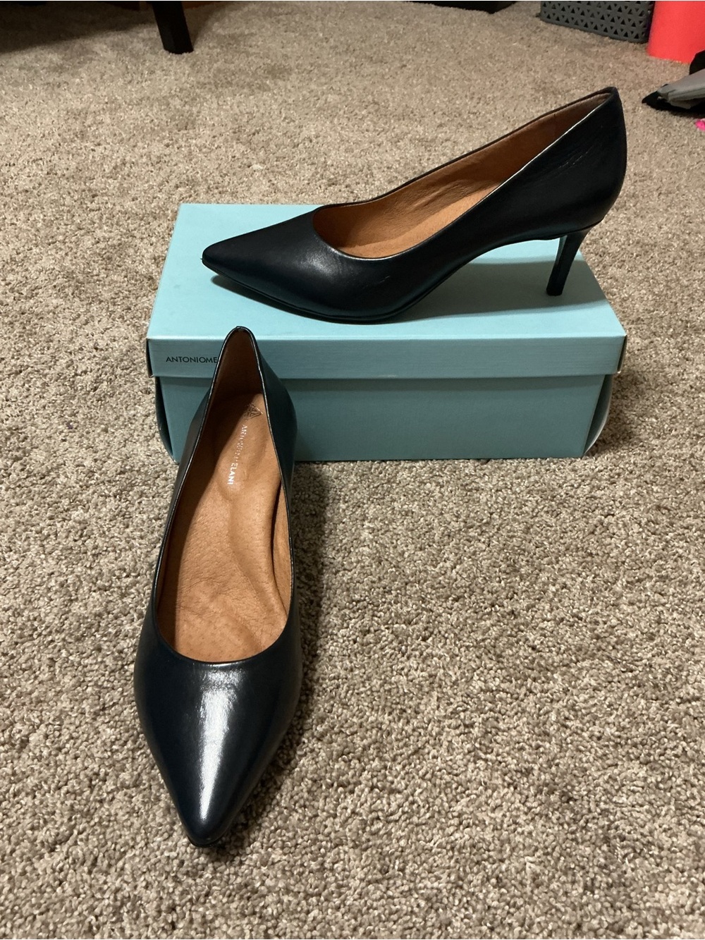 NWT ANTONIO MELANI New Navy Elynda Pointed Toe Leather Pumps